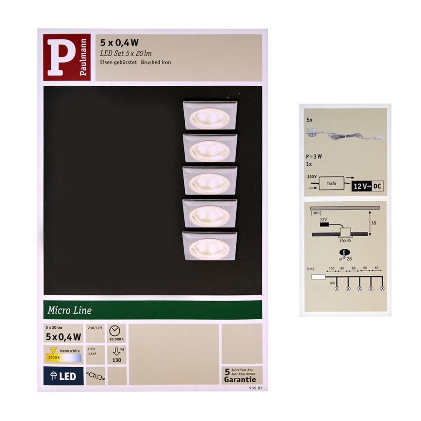 Paulmann 93587 - SET 5xLED/0,4W Inbouwverlichting 12V/230V 2700K