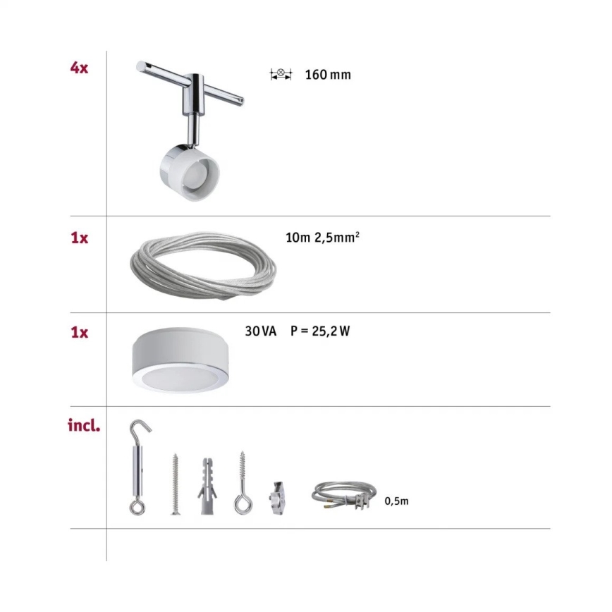 Paulmann 94080 - SET van 4xLED/4,8W compleet kabelsysteem STAGE 230V glanzend chroom