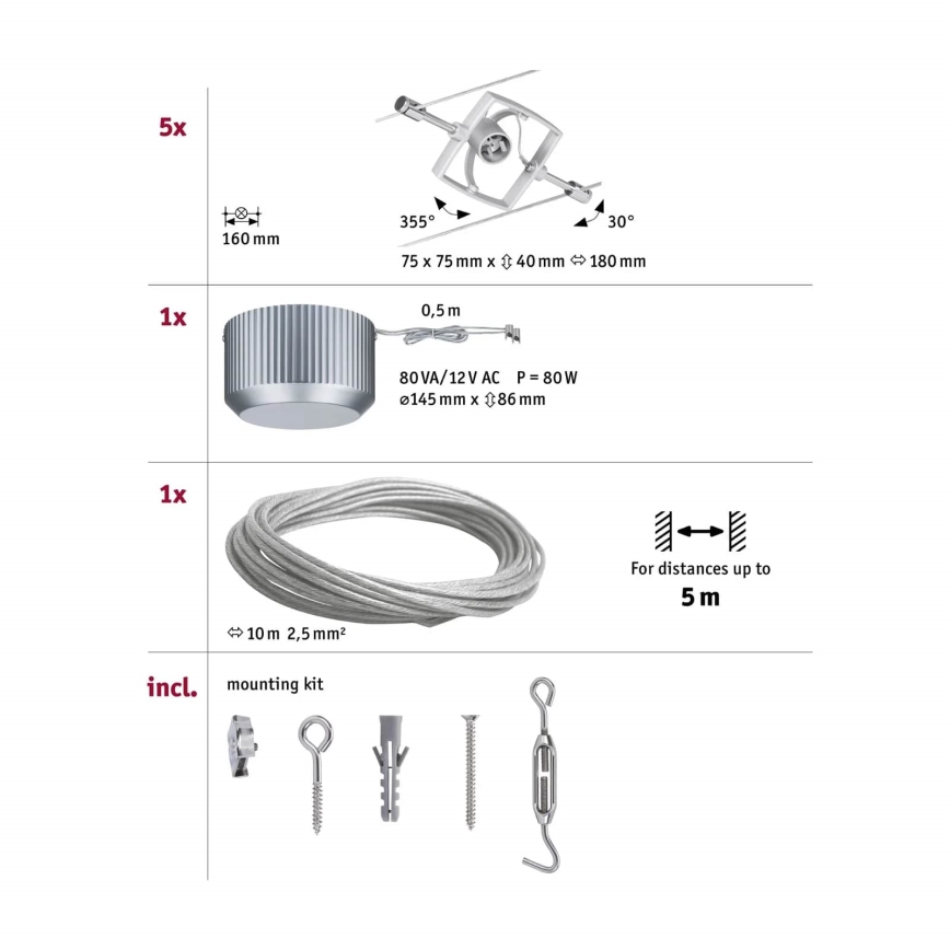 Paulmann 94133 - SET van 5xGU5,3/10W Spotverlichting voor kabelsysteem MAC 230V mat chroom
