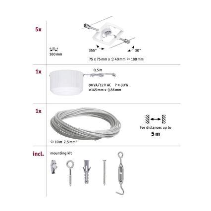 Paulmann 94134 - Set van 5x GU5,3/10W Compleet kabelsysteem MAC 230V wit