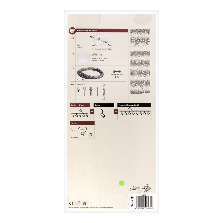 Paulmann 94134 - Set van 5x GU5,3/10W Compleet kabelsysteem MAC 230V wit