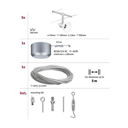 Paulmann 94136 - SET 5xGU5,3/10W Compleet kabelsysteem SHEELA 230V glanzend chroom