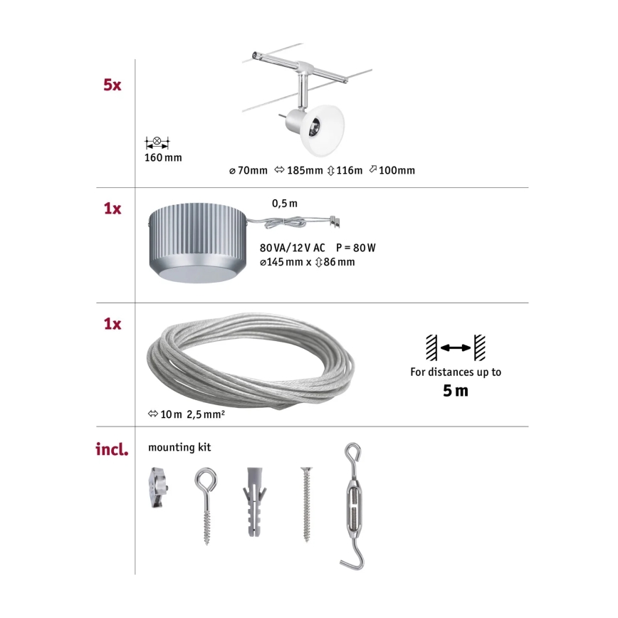 Paulmann 94136 - SET 5xGU5,3/10W Compleet kabelsysteem SHEELA 230V glanzend chroom