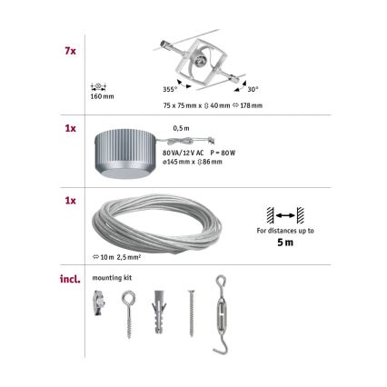 Paulmann 94152 - Compleet kabelsysteem MAC 230V (set van 7x GU5,3/10W), mat chroom