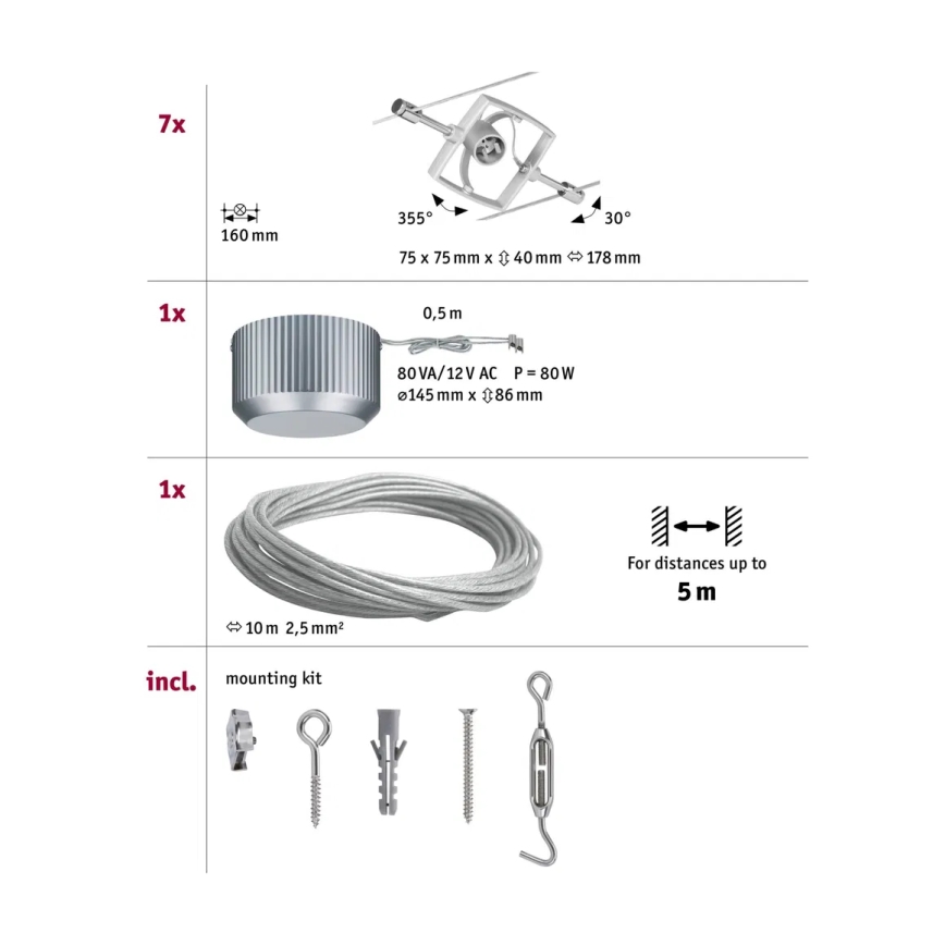 Paulmann 94152 - Compleet kabelsysteem MAC 230V (set van 7x GU5,3/10W), mat chroom