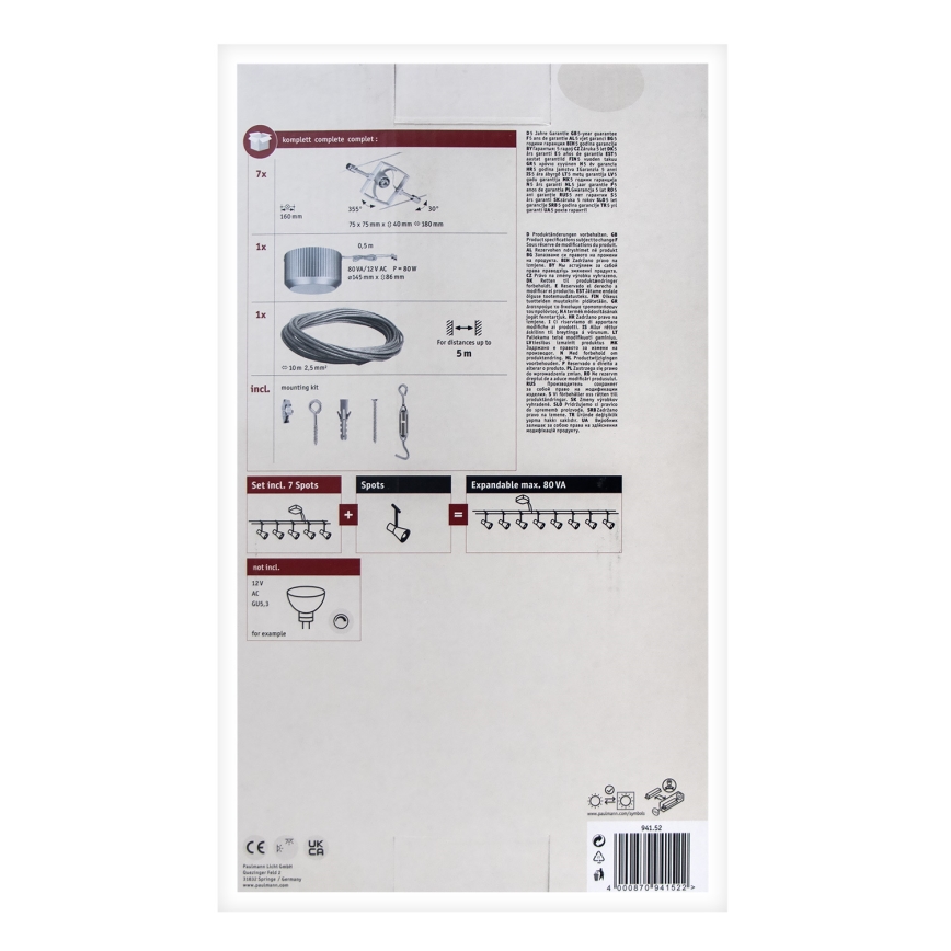 Paulmann 94152 - Compleet kabelsysteem MAC 230V (set van 7x GU5,3/10W), mat chroom