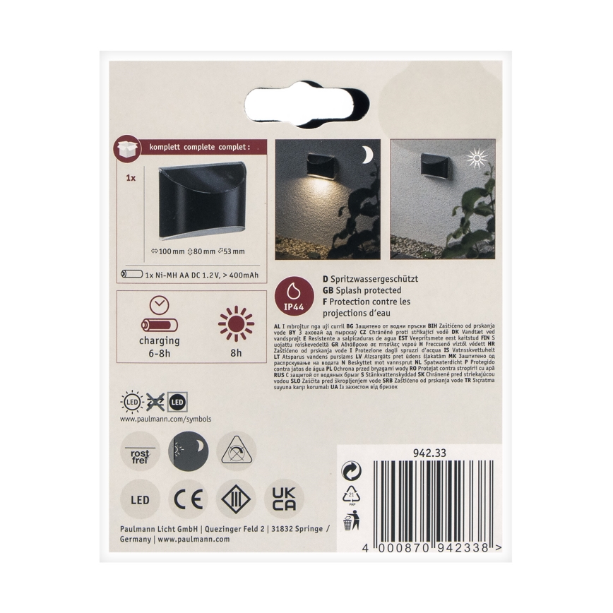 Paulmann 94233 - LED/0,05W IP44 Solar wandlamp ELLIOT 1,2V 400 mAh