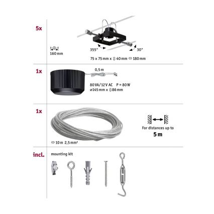 Paulmann 94290 - SET 5xGU5,3/10W Spot voor een stringsysteem MAC 230V zwart