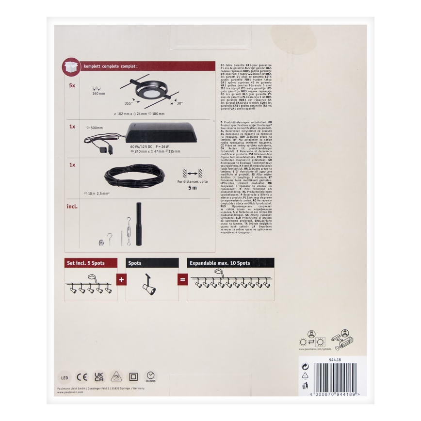 Paulmann 94418 - SET 5xLED/4,5W Compleet kabelsysteem ROUNDMAC 230V zwart