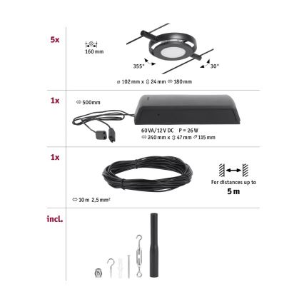 Paulmann 94418 - SET 5xLED/4,5W Compleet kabelsysteem ROUNDMAC 230V zwart
