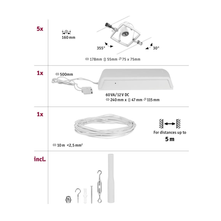 Paulmann 94432 - SET 5xGU5,3/10W Compleet kabelsysteem MAC 230V wit