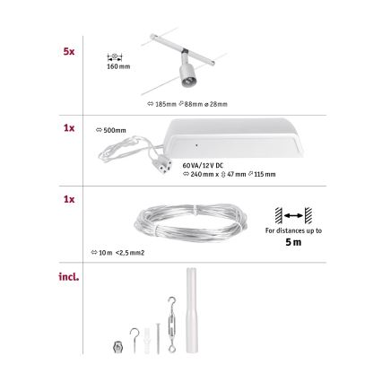 Paulmann 94442 - SET 5xGU5,3/10W Compleet kabelsysteem SALT 230V mat chroom