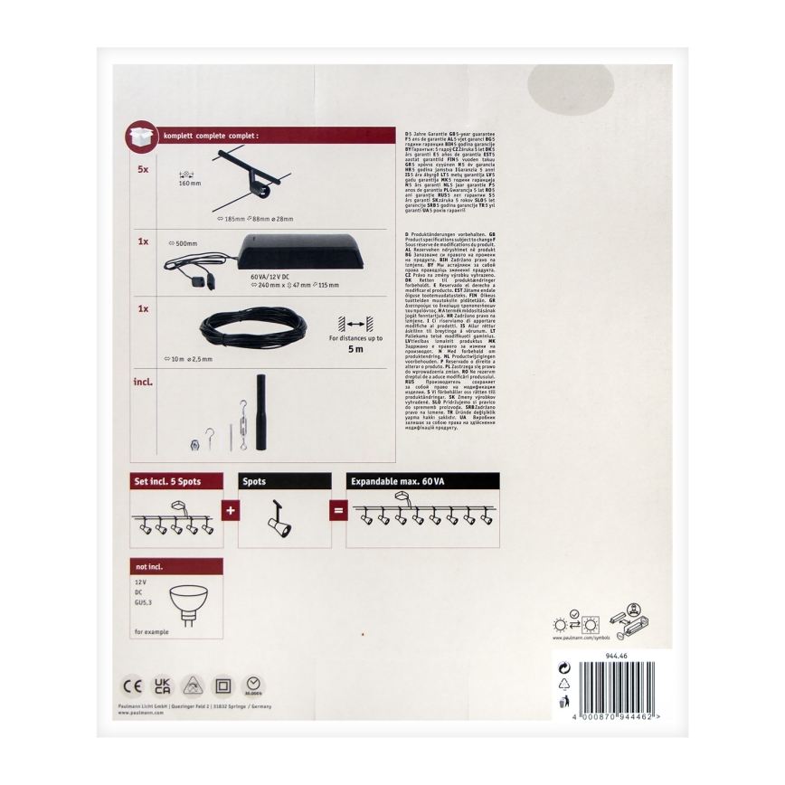Paulmann 94446 - SET 5x GU5,3/10W Compleet kabelsysteem SALT 230V zwart