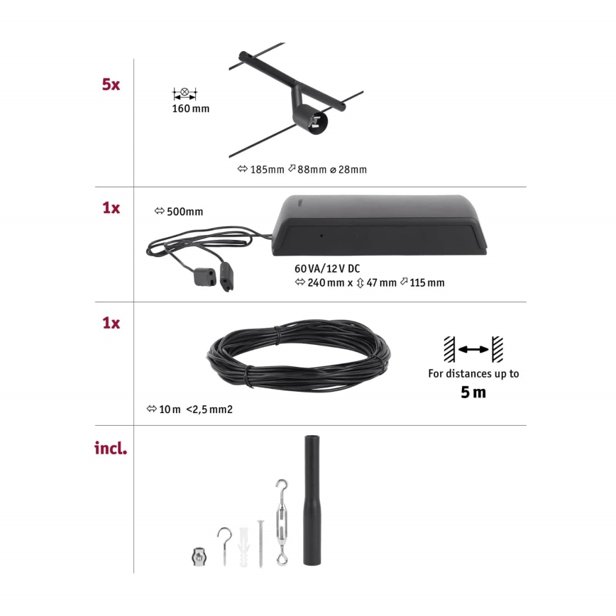 Paulmann 94446 - SET 5xGU5,3/10W Spot voor een stringsysteem SALT 230V zwart