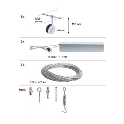 Paulmann 94457 - SET 5xLED/4W compleet kabelsysteem CLEAR 230V zwart/glanzend chroom