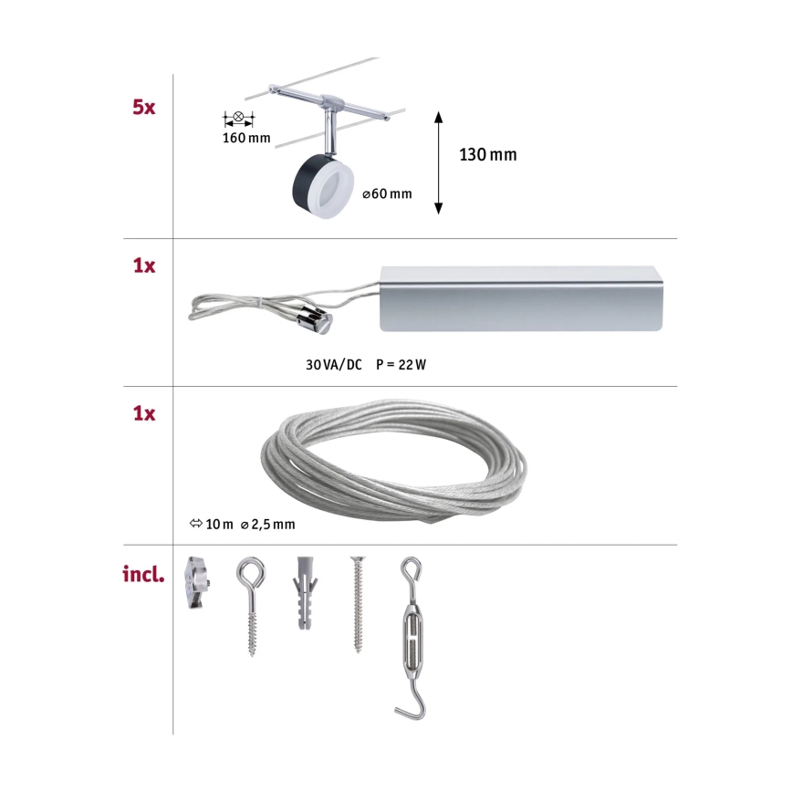 Paulmann 94457 - SET 5xLED/4W compleet kabelsysteem CLEAR 230V zwart/glanzend chroom