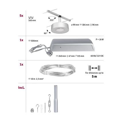 Paulmann 94475 - SET 5xLED/5W Compleet kabelsysteem CIRCLE 230V mat chroom