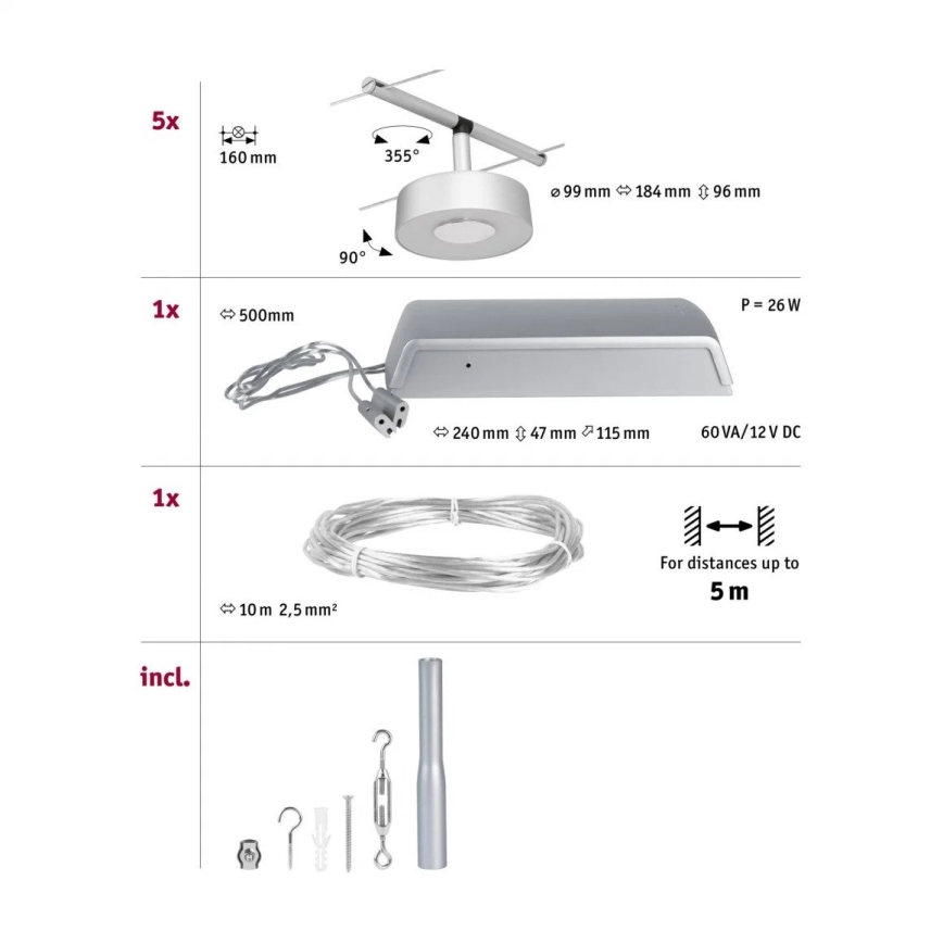 Paulmann 94475 - SET 5xLED/5W Compleet kabelsysteem CIRCLE 230V mat chroom