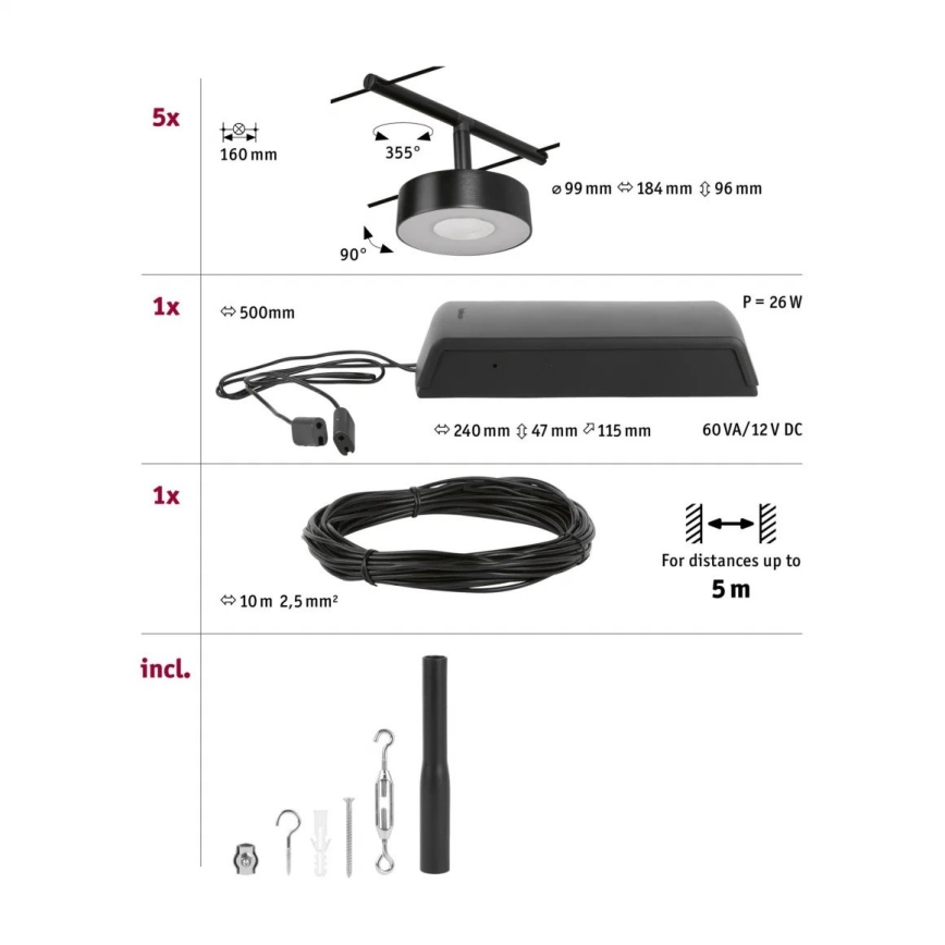 Paulmann 94479 - SET van 5x LED/5W Spotverlichting voor het CIRCLE kabelsysteem 230V zwart