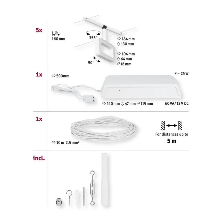 Paulmann 94483 - SET van 5x LED/4,8W Inbouwspot voor FRAME kabelsysteem 230V wit