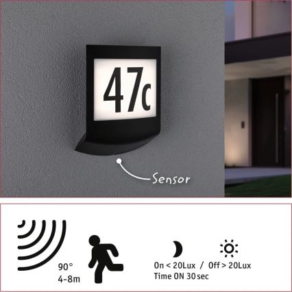 Paulmann 94513 - RGBW LED/8,2W IP44 dimbare huisnummerverlichting met bewegings- en schemersensor PADEA 230V antraciet