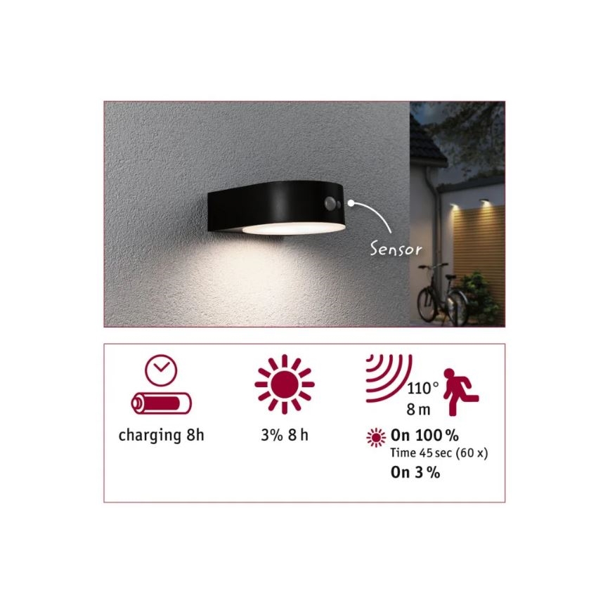 Paulmann 94570 - LED/5,5W IP44 Solar wandlamp met sensor EILEEN 3,7V 2000 mAh