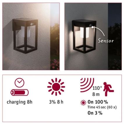 Paulmann 94572 -LED/5,5W IP44 Solar wandlamp met sensor MARISOL 3,7V