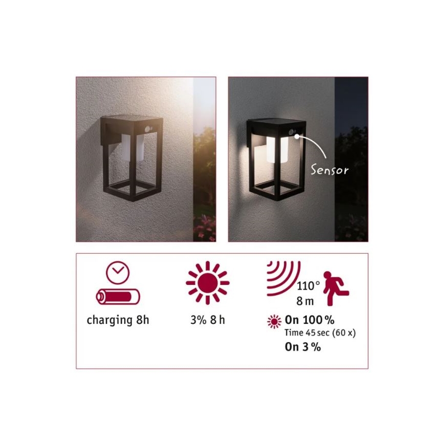 Paulmann 94572 -LED/5,5W IP44 Solar wandlamp met sensor MARISOL 3,7V 2000 mAh