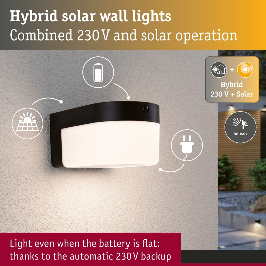 Paulmann 95747 - LED/2,3W IP44 zonne-wandlamp met sensor CALYNE 3,7/230V 4000 mAh zwart
