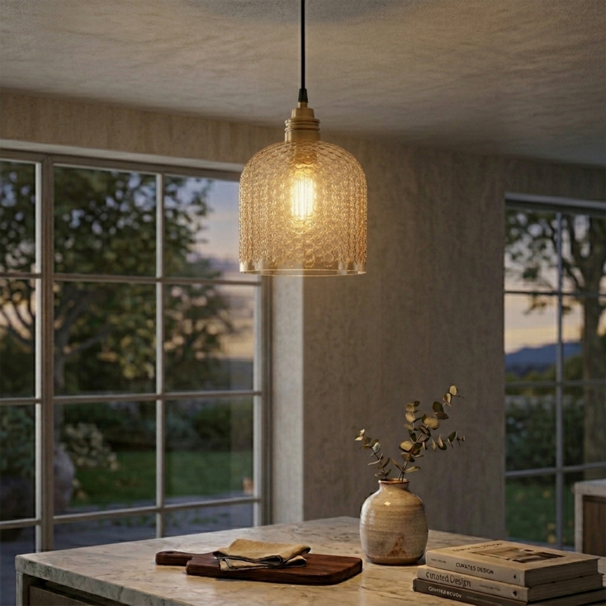 Pendellamp met kabel ROCCO 1xE27/15W/230V goud/gerookt beige