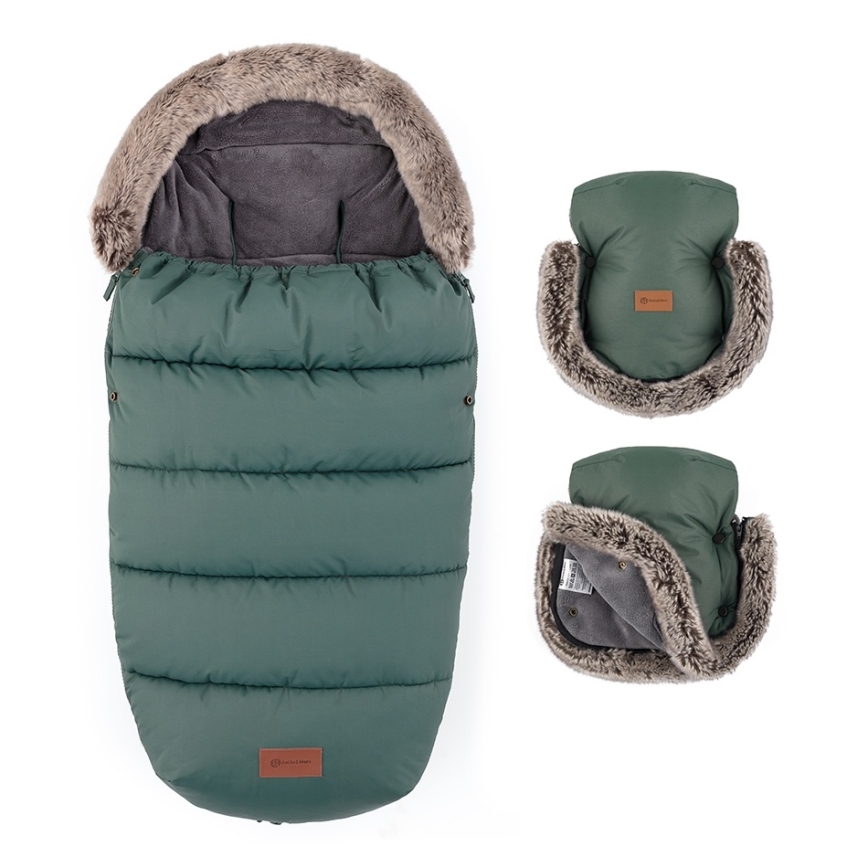 PETITE&MARS - SET Babyvoetenzak 4-in-1 COMFY + FURRY Khaki handmoffen voor kinderwagen