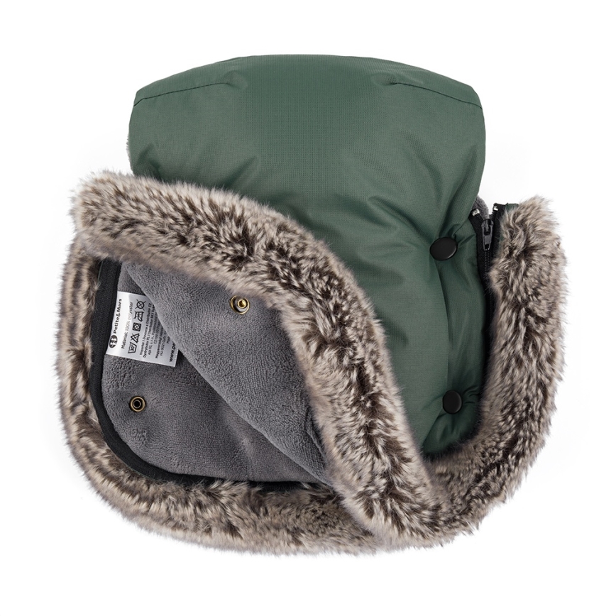PETITE&MARS - SET Babyvoetenzak 4-in-1 COMFY + FURRY Khaki handmoffen voor kinderwagen