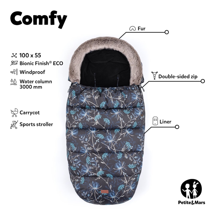 PETITE&MARS - SET Babyvoetenzak 4-in-1 COMFY + FURRY Khaki handmoffen voor kinderwagen