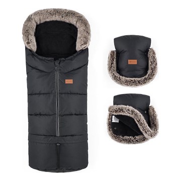 PETITE&MARS - SET Kinder voetenzak 4-in-1 ARCTIC + handmoffen voor kinderwagen FURRY Forever Black