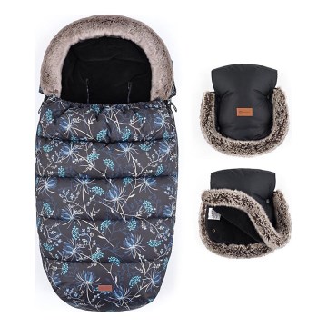 PETITE&MARS - SET Kinder voetenzak 4-in-1 COMFY Stylish Beauty + handmoffen voor kinderwagen FURRY Forever Black