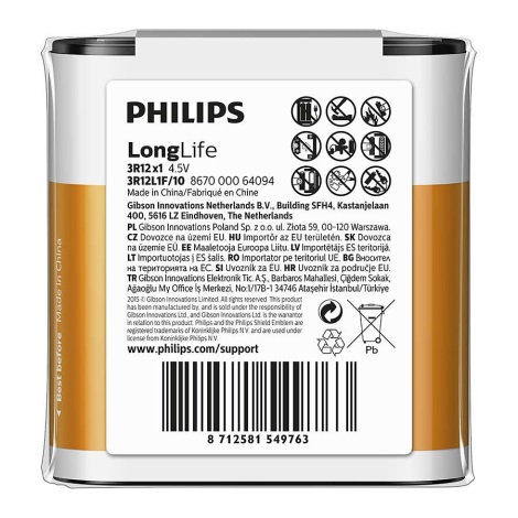 Philips 3R12L1F/10 - Zinkchloride batterij 3R12 LONGLIFE 4,5V