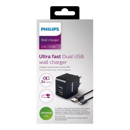 Philips DLP2307U/12 - Oplader 2xUSB/15,5W/230V + kabel micro USB 1m