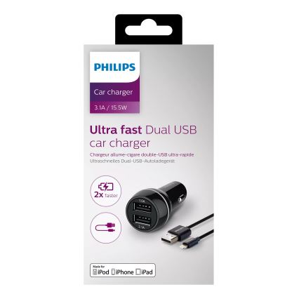 Philips DLP2357V/10 -Autolader 2xUSB/12V + kabel USB/lightning aansluiting