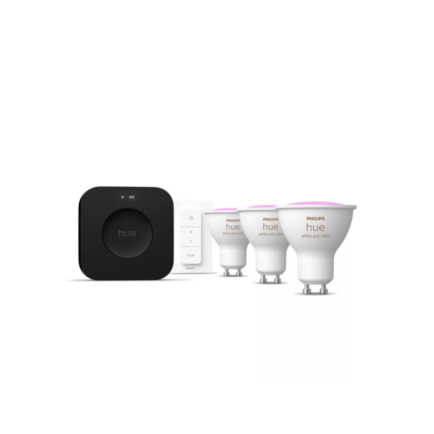 Startpakket Philips Hue WHITE AND COLOR AMBIANCE 3xGU10/4,2W 2000-6500K + Hue Bridge en Dimmer Switch