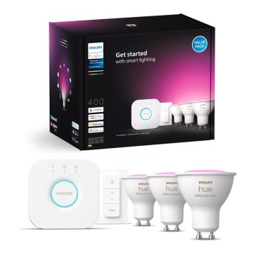 Philips Hue WHITE AND COLOR AMBIANCE Starterset 3xGU10/4,2W/230V 2000-6500K + Hue Bridge en dimmerschakelaar