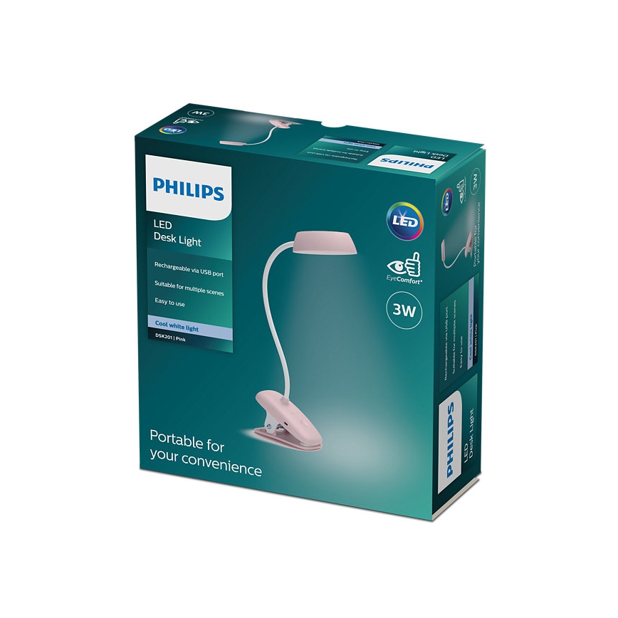 Philips - Dimbare LED-lamp met clip DONUTCLIP LED/3W/5V 1200 mAh CRI 90 roze