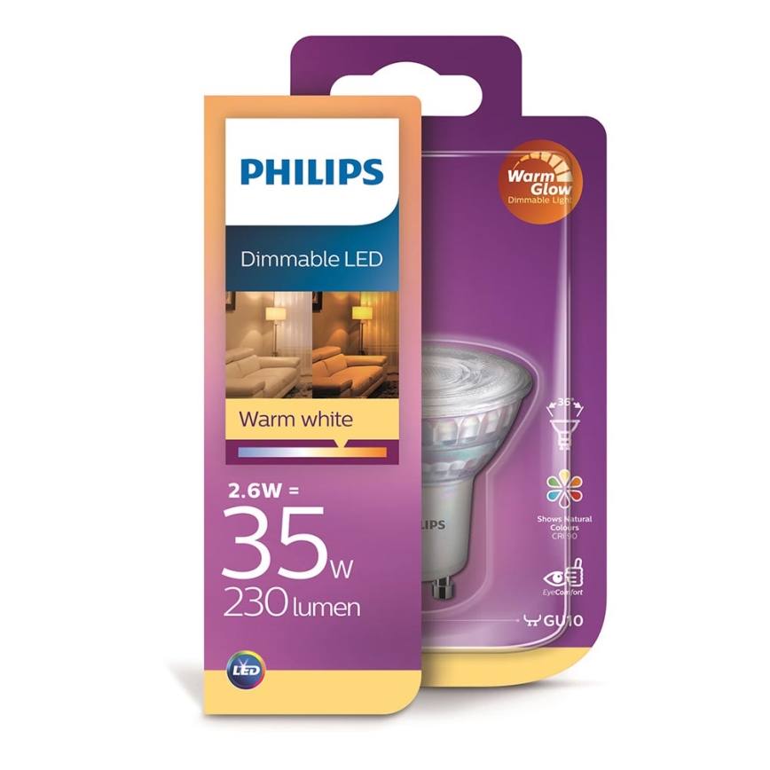 Philips LED Dimbare lamp GU10 /2,6W/ 230V 2200K-2700K WarmGlow