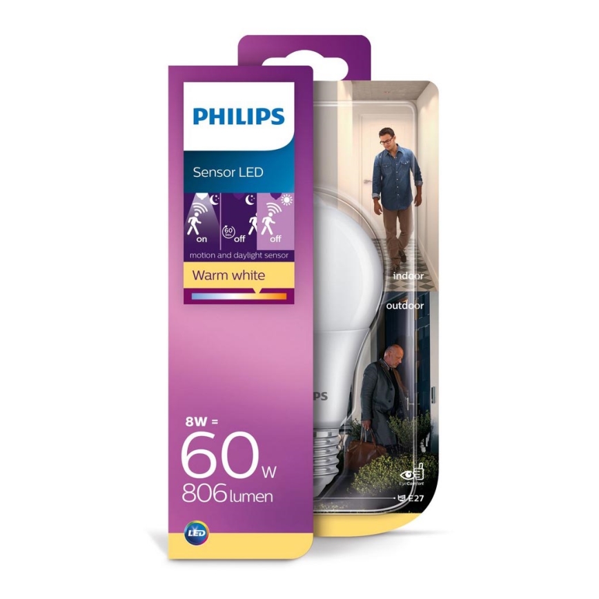 Philips LED lamp met bewegingssensor E27 / 8W / 230V 2700K