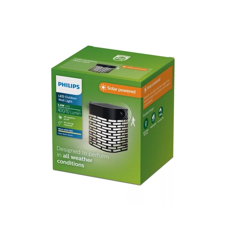 Philips - LED-zonne-wandlamp met sensor HARA LED/3,8W/3,7V 800 mAh 2700K IP44 zwart