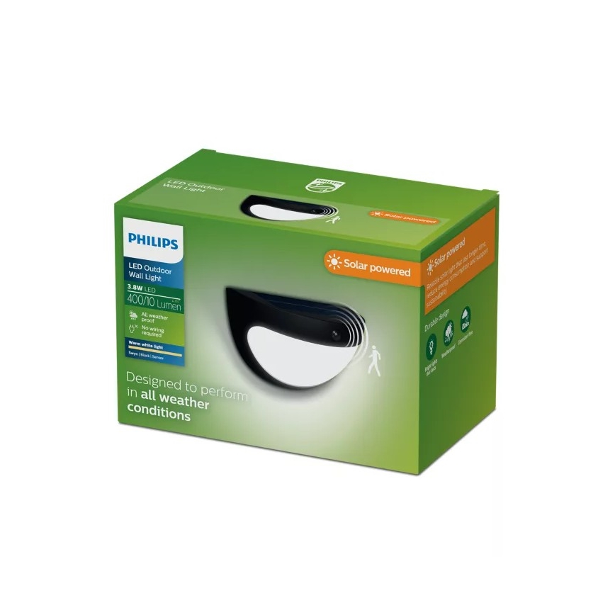 Philips - LED zonne-muurlamp met sensor SWYN LED/3,8W/3,7V 800 mAh 2700K IP44 zwart