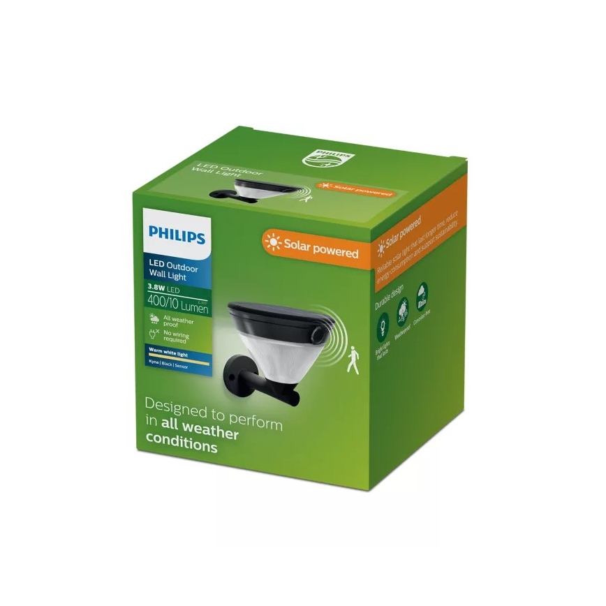 Philips - LED zonne-muurlamp met sensor KYNA LED/3,8W/3,7V 800 mAh 2700K IP44 zwart