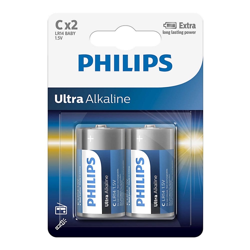 Philips LR14E2B/10 - 2 stuks Alkalische batterij C ULTRA ALKALINE 1,5V 7500mAh