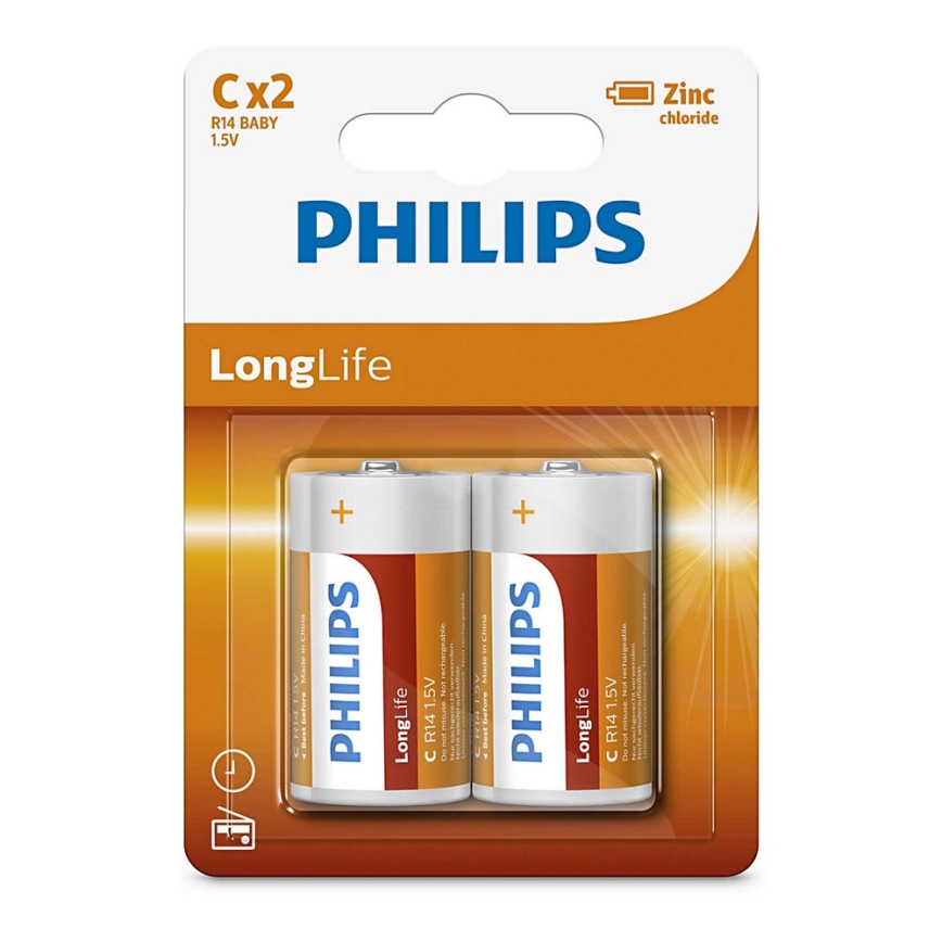 Philips R14L2B/10 - 2 stuks Zinkchloride batterij C LONGLIFE 1,5V 2800mAh