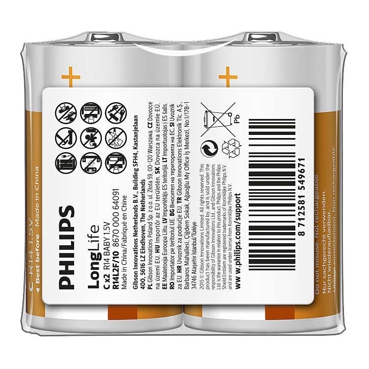 Philips R14L2F/10 - 2 stuks Zinkchloride batterij C LONGLIFE 1,5V 2800mAh