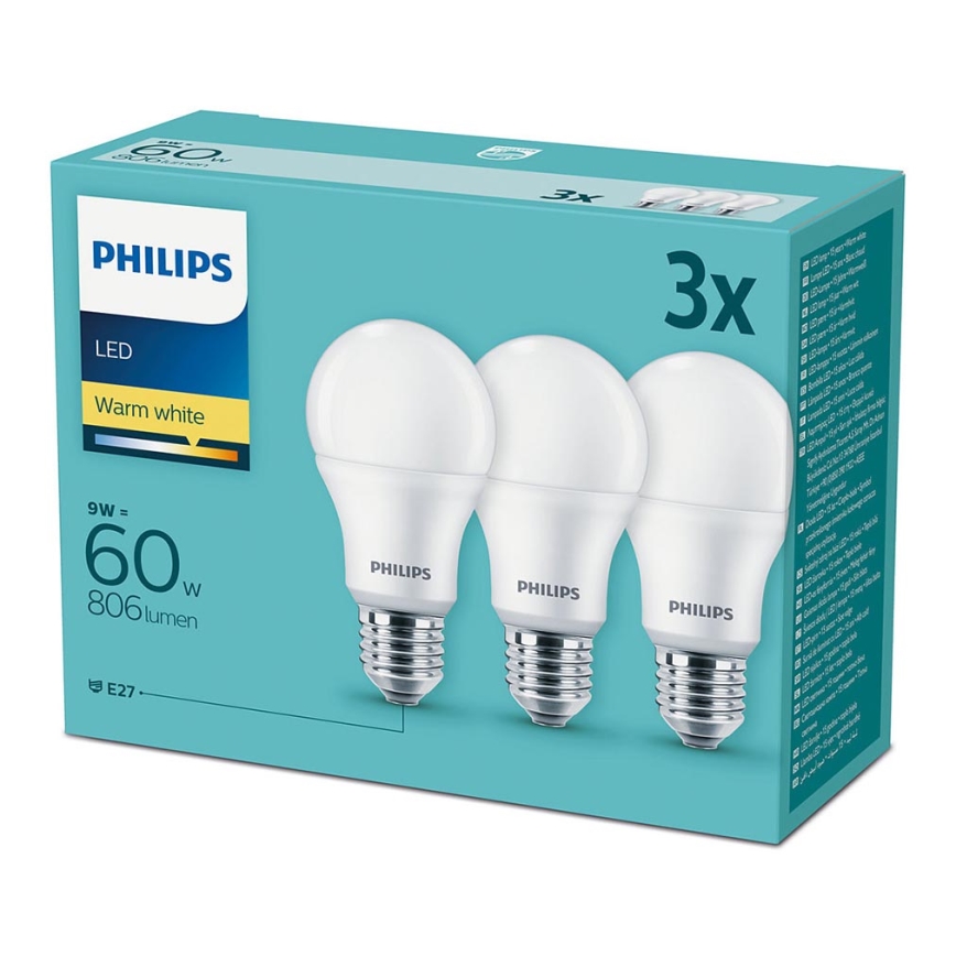 Philips - Set van 3x LED lampen E27 / 9W / 230V 2700K